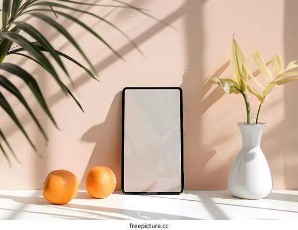 Minimalist Summer Tabletop with Tablet, Oranges, and Plants