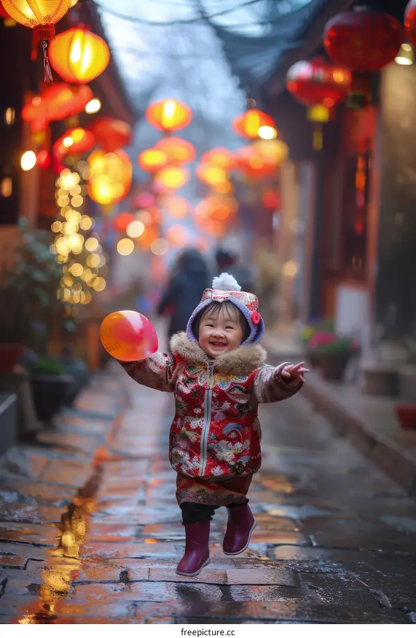 Little girl playing with a balloon in the rain