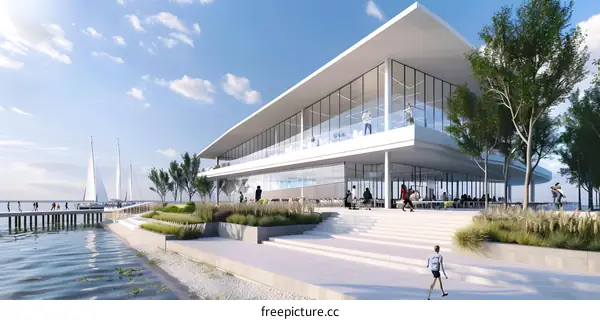 Modern Waterfront Restaurant Building With Outdoor Seating And Sailboats