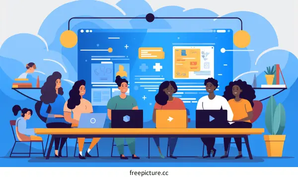 Diverse group of people working together on a project using laptops in a modern office space