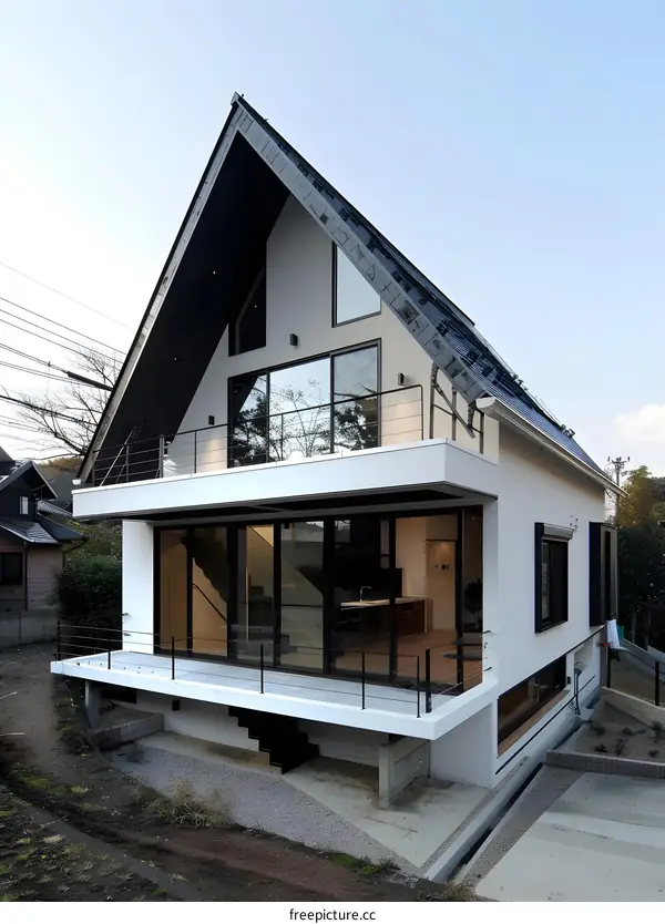 Modern White House with Black Roof and Large Windows