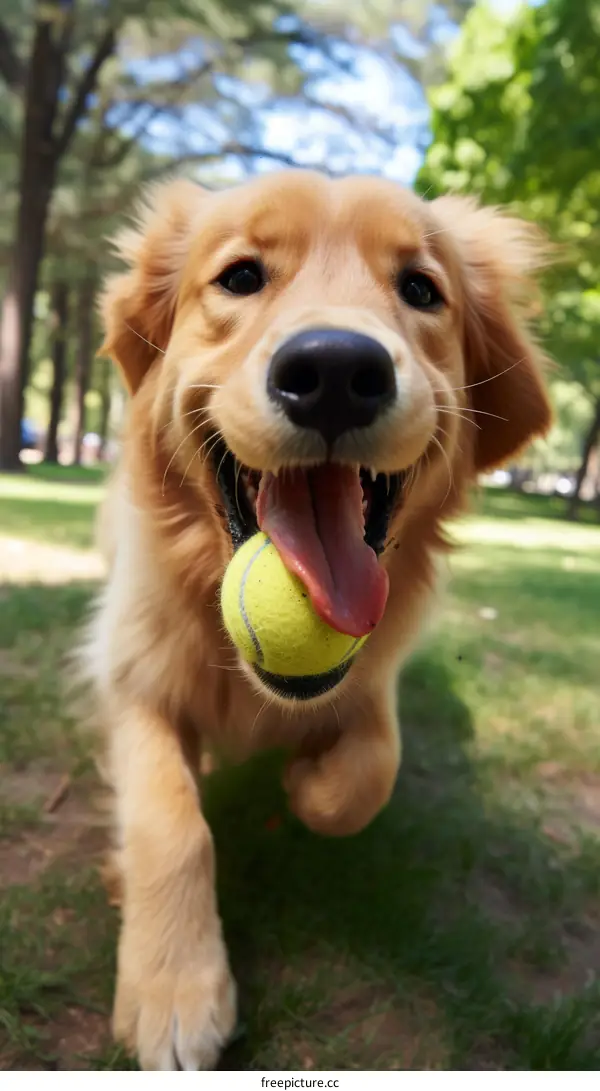 A Golden Retriever Dog Fetching a Tennis Ball in the Park