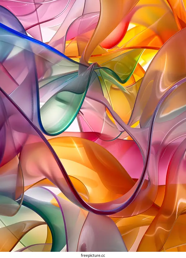 Colorful abstract 3D rendering of intertwined translucent wavy shapes