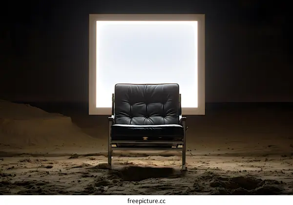 Black Leather Chair in a Desert Setting with a White Square Light