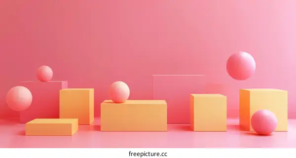 Pink and yellow 3D geometric shapes on pink background