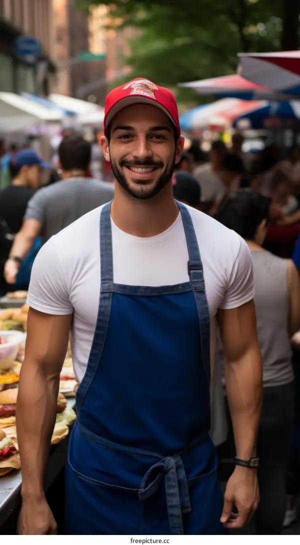 A chef wearing a red hat and blue apron smiles at the camera