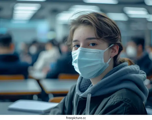 A young girl wearing a mask in a classroom