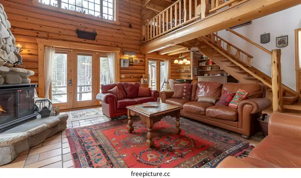 Rustic Log Cabin Interior With Leather Furniture