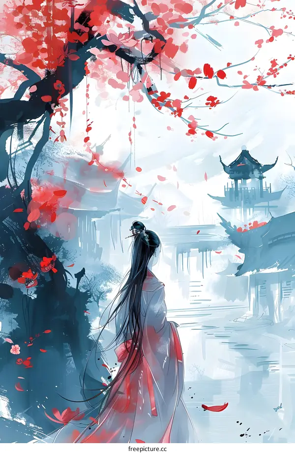 Woman in Red Dress Walking in Chinese Garden