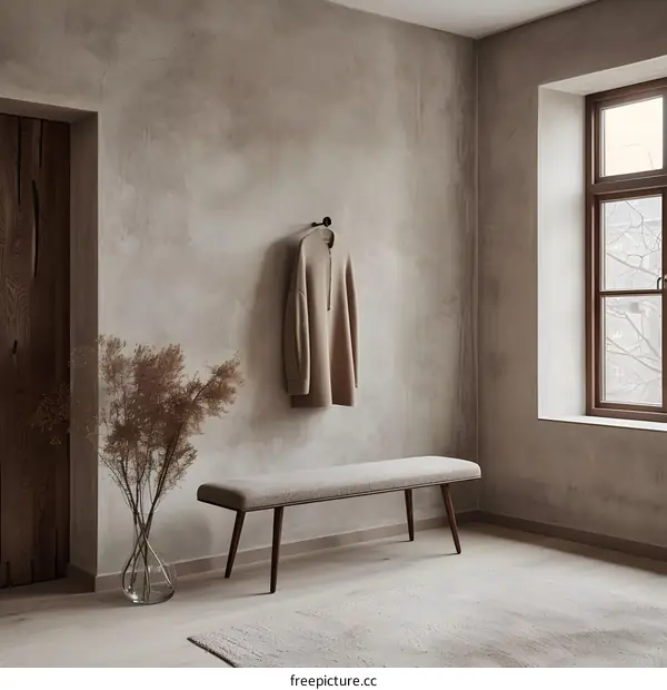 Minimalist Interior Design with Wooden Bench and Concrete Wall