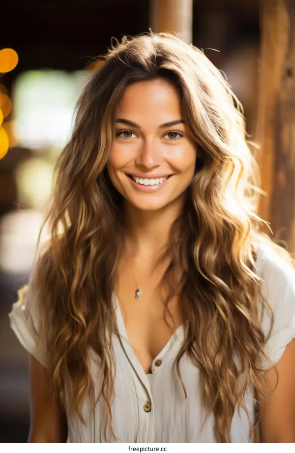 Portrait of a smiling young woman with long wavy hair