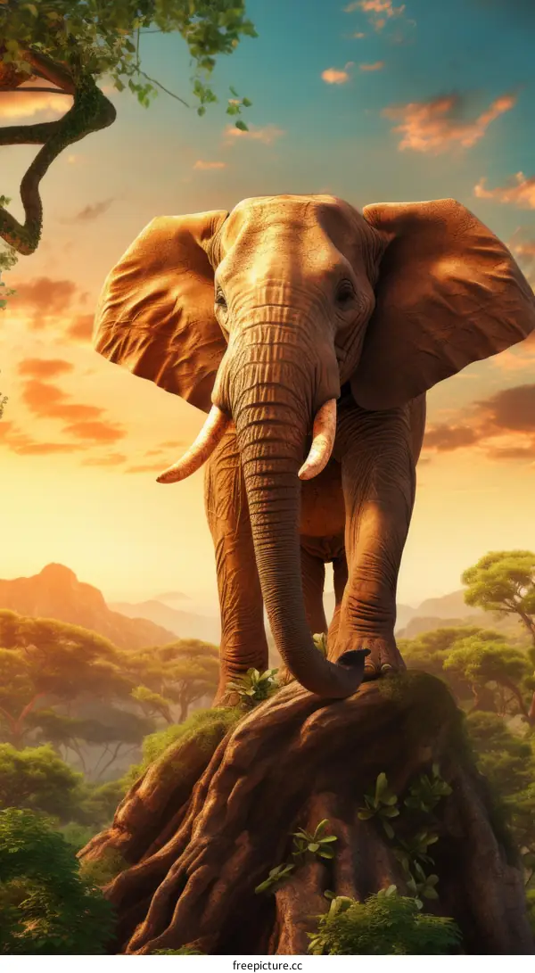 Elephant standing on a rock in the middle of a jungle