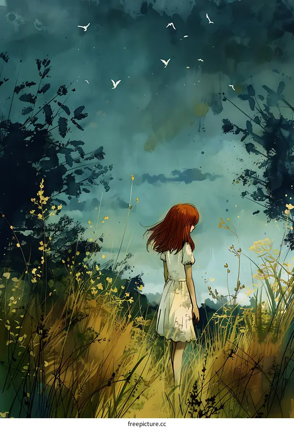 A Girl Standing in a Field with a Cloudy Sky and Birds Flying Above