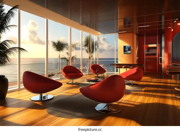 Modern Living Room With Ocean View And Red Chairs