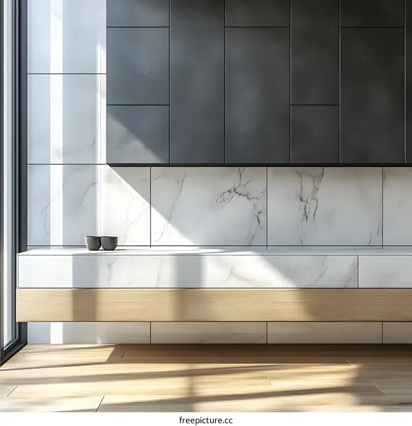 Modern Kitchen Design with White Marble and Wood Cabinet