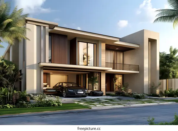 Modern Two Story House with a Car in the Garage