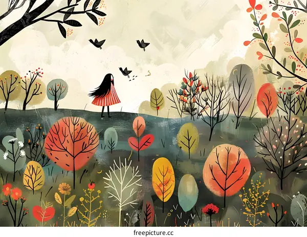 Girl in a Red Dress Standing in a Forest