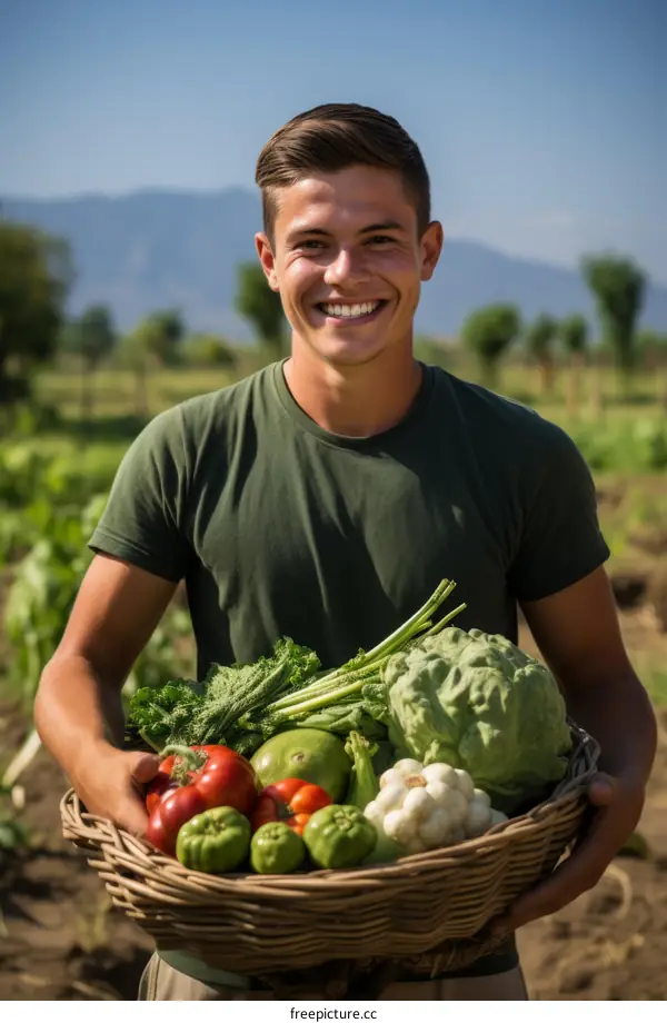 Young male farmer holding a basket of fresh vegetables