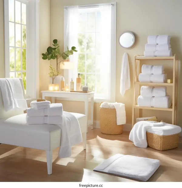A Collection of White Towels in a Bright Bathroom
