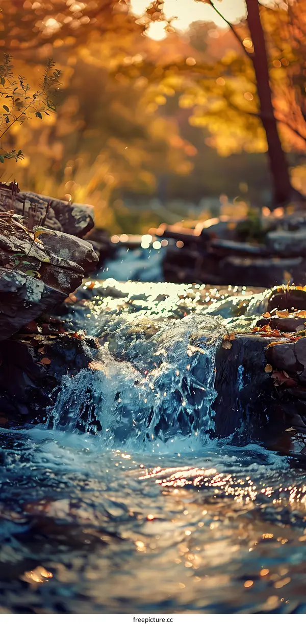 Close Up View of Stream Water Flowing Over Rocks in Forest