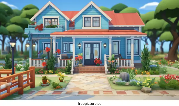 Charming Blue House with Red Roof and White Fence