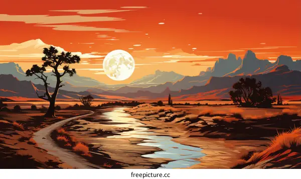 Arid desert landscape with a full moon