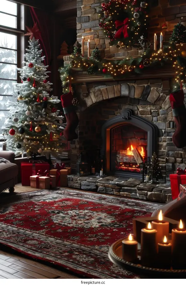 Cozy Christmas Celebration by Fireplace and Tree