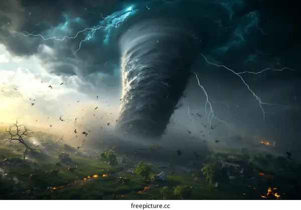 A powerful tornado sweeps across the landscape, destroying everything in its path