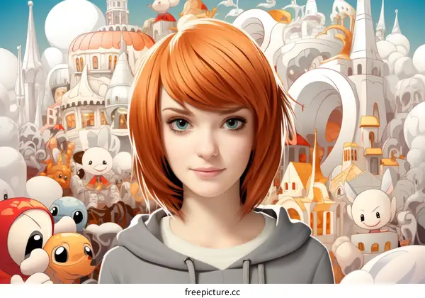 Whimsical Illustration of a Young Woman with Orange Hair