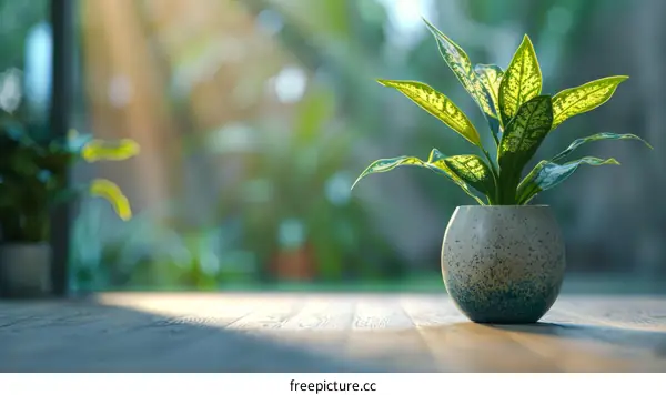 A Lush Green Plant Thrives on a Wooden Table by a Window