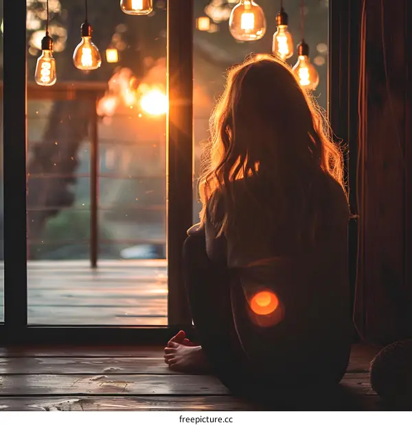 Woman Sitting by Window at Sunset