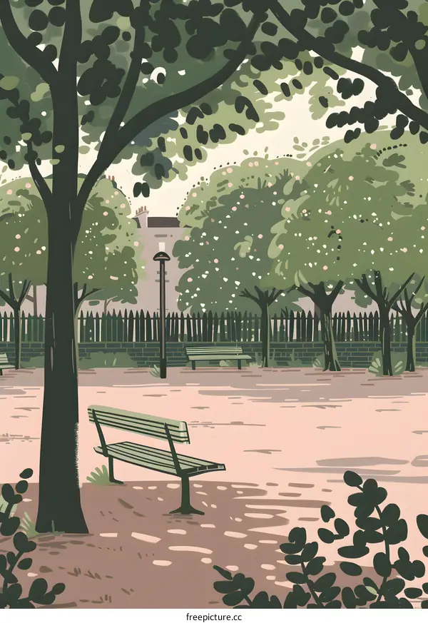 Green Park with Benches and Trees Illustration