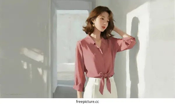 Elegant Young Woman Wearing Pink Blouse with Tie Detail in Indoor Setting