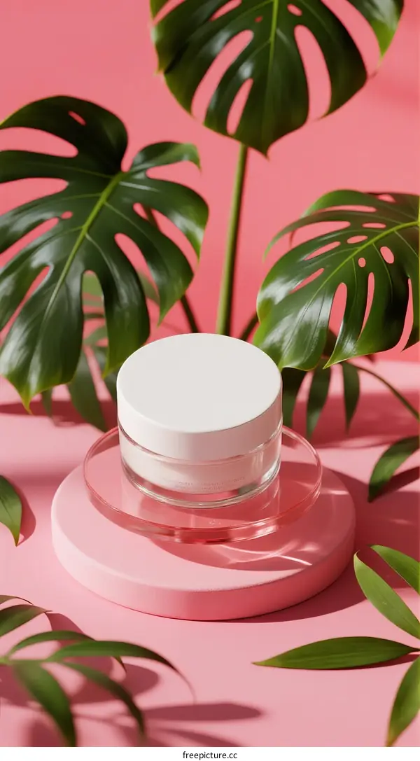 Skincare Jar with Fresh Tropical Leaves on Pink Background