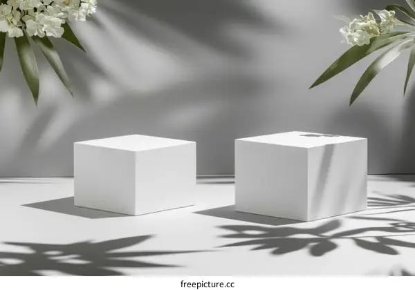 White Cubic Display Podium with Natural Light and Shadow