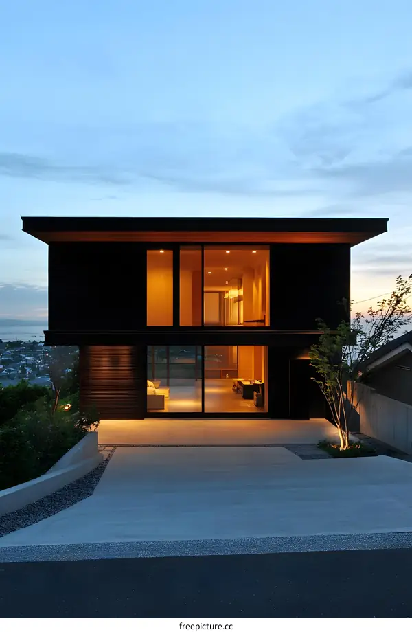 Modern Black House with Large Windows and a Concrete Driveway