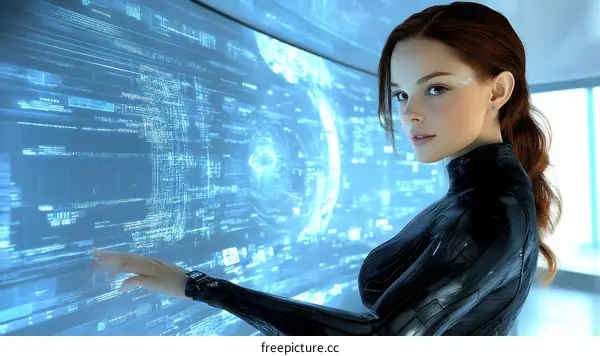 Futuristic Woman Interacting with Holographic Interface