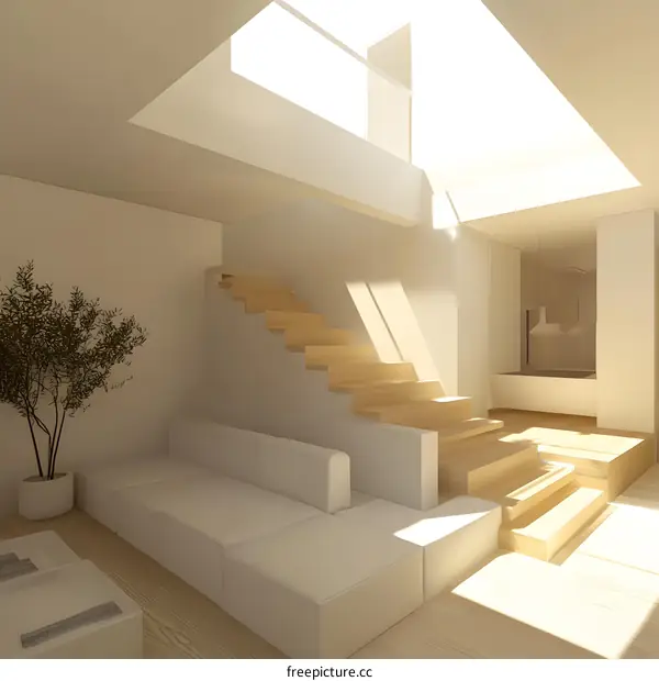 Modern Minimalist Interior Design with Wooden Stairs and Sunlight