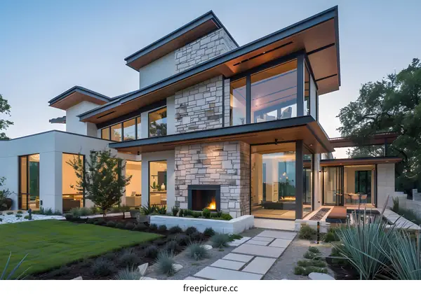 Modern House Exterior With Stone Wall And Large Windows