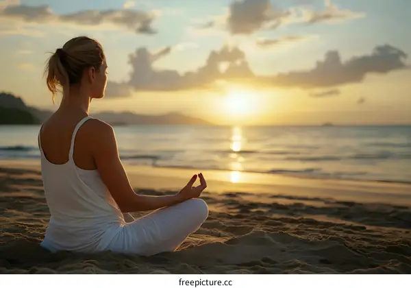Woman Meditating on Beach at Sunset