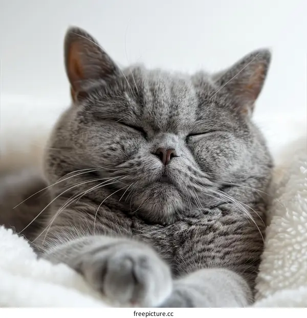 A gray cat is sleeping on a white blanket