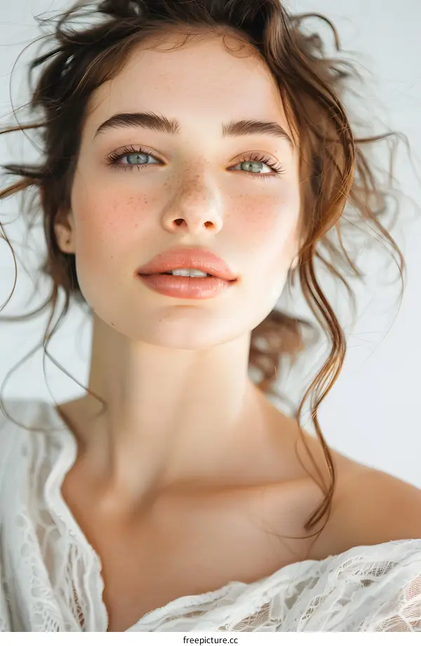Beautiful woman with freckles and green eyes