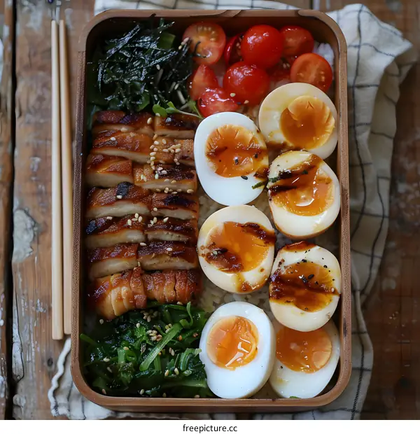 Japanese Lunch Box with Grilled Chicken, Eggs, and Vegetables