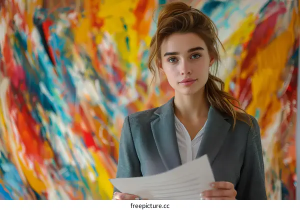Portrait of a young woman in a suit standing in front of an abstract painting
