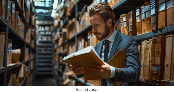 Male researcher reading a book in a library.