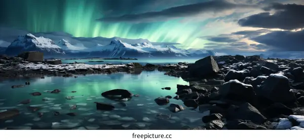 Aurora borealis landscape with snow capped mountains and icy lake