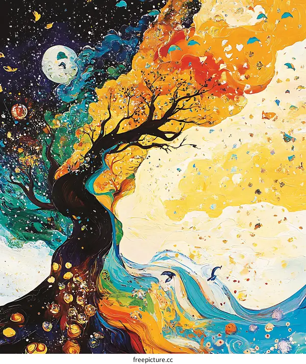 Abstract Tree with Colorful Swirls and Birds