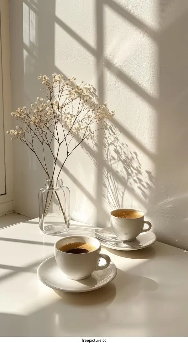 Two cups of coffee on a table by the window