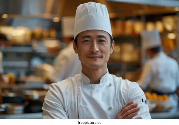Portrait of a Japanese chef in a professional kitchen