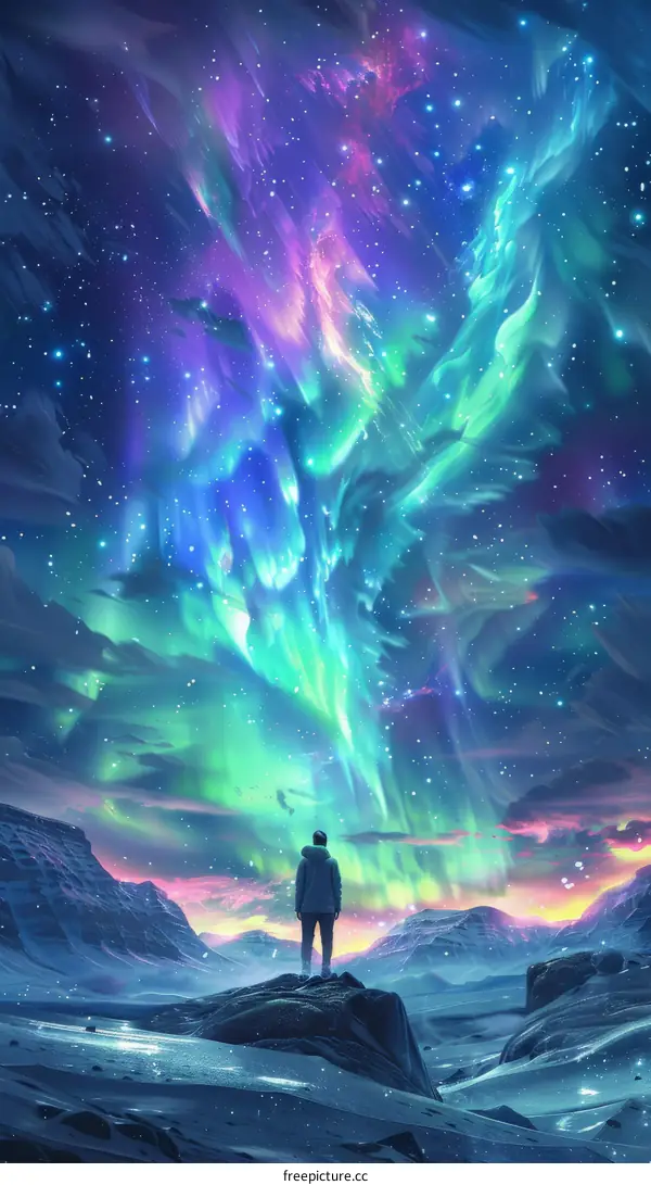 Man standing on a rock in front of an aurora borealis